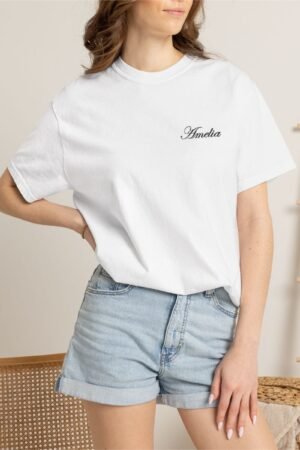 Script Name Chest T-Shirt — 'Amelia' Minimalist Embroidered Style