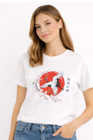 Crane & Cherry Blossom Tee — Japanese Zen Graphic T-Shirt