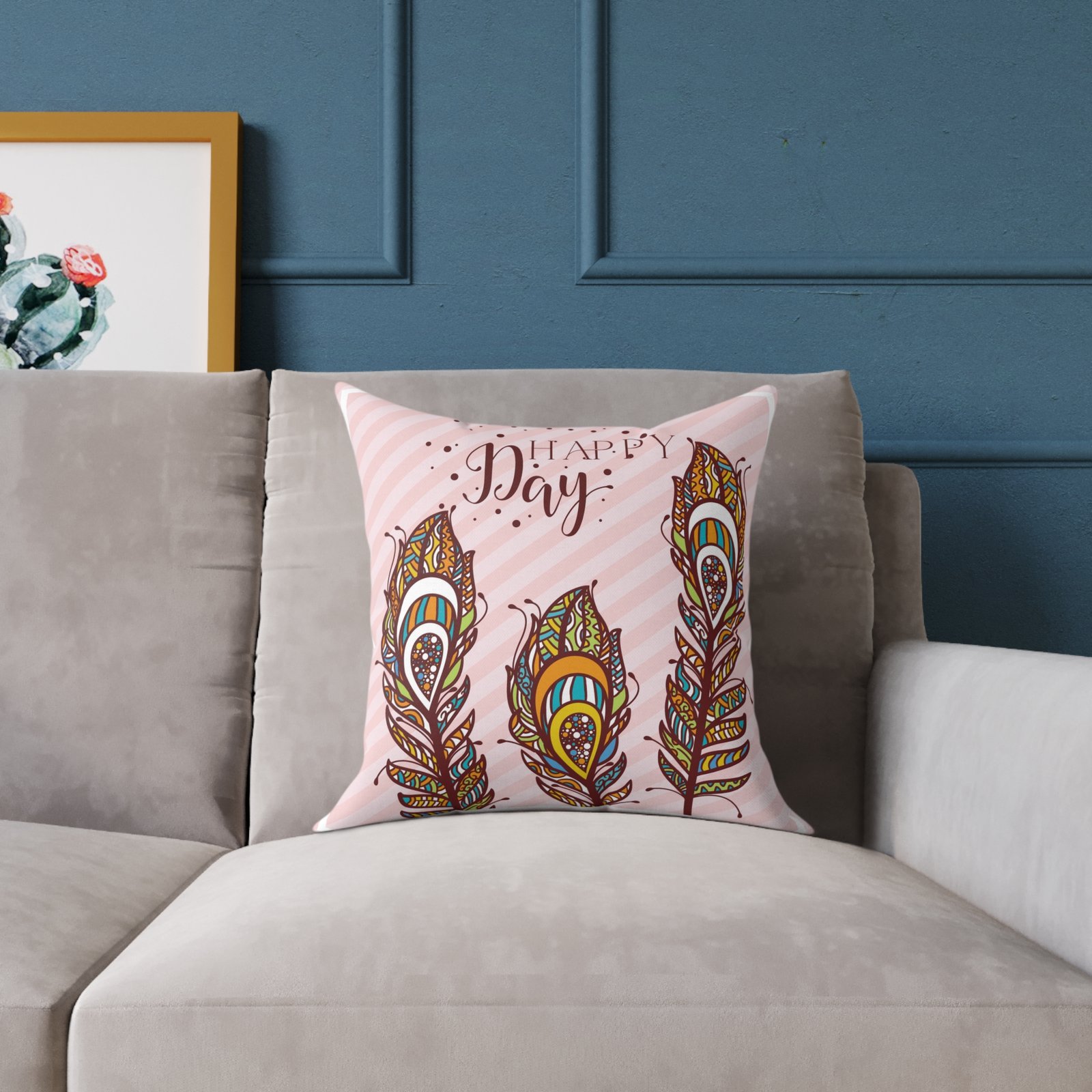 Square Pillow - Pink 'Happy Day' Boho Peacock Feather Decorative Cushion - Image 3