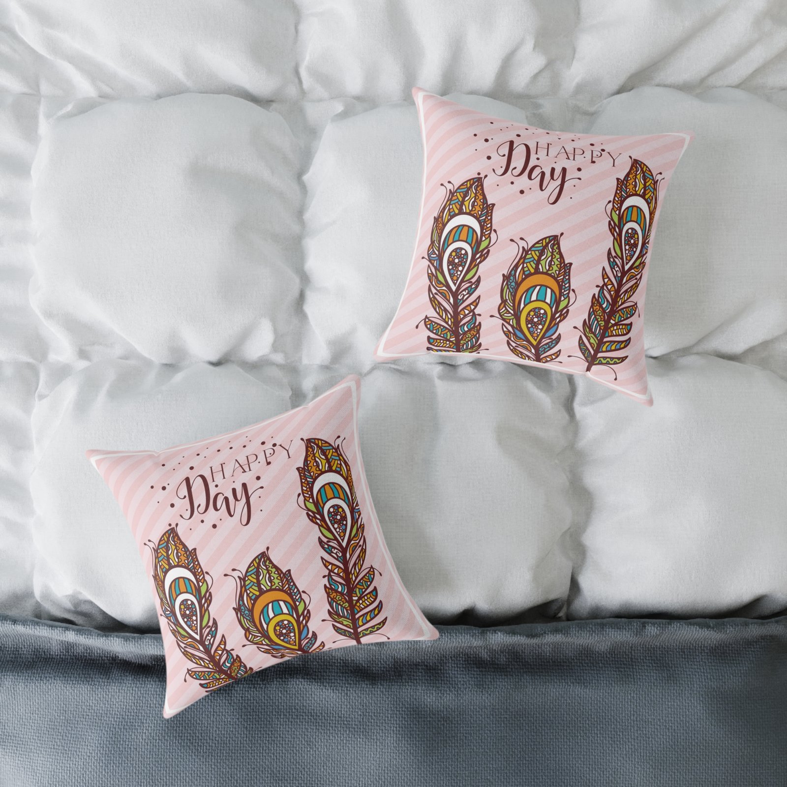 Square Pillow - Pink 'Happy Day' Boho Peacock Feather Decorative Cushion - Image 4