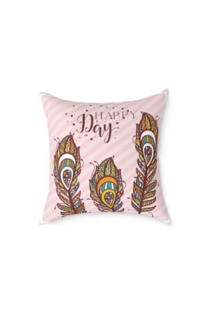Square Pillow - Pink 'Happy Day' Boho Peacock Feather Decorative Cushion