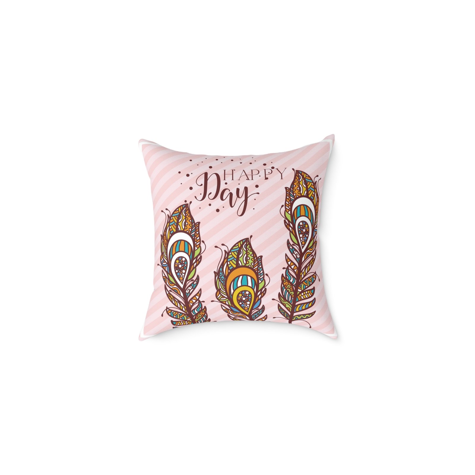 Square Pillow - Pink 'Happy Day' Boho Peacock Feather Decorative Cushion