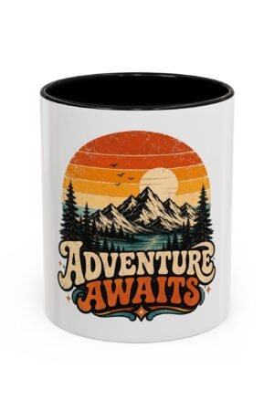 Adventure Awaits Coffee Mug — Retro Mountain Camping Design