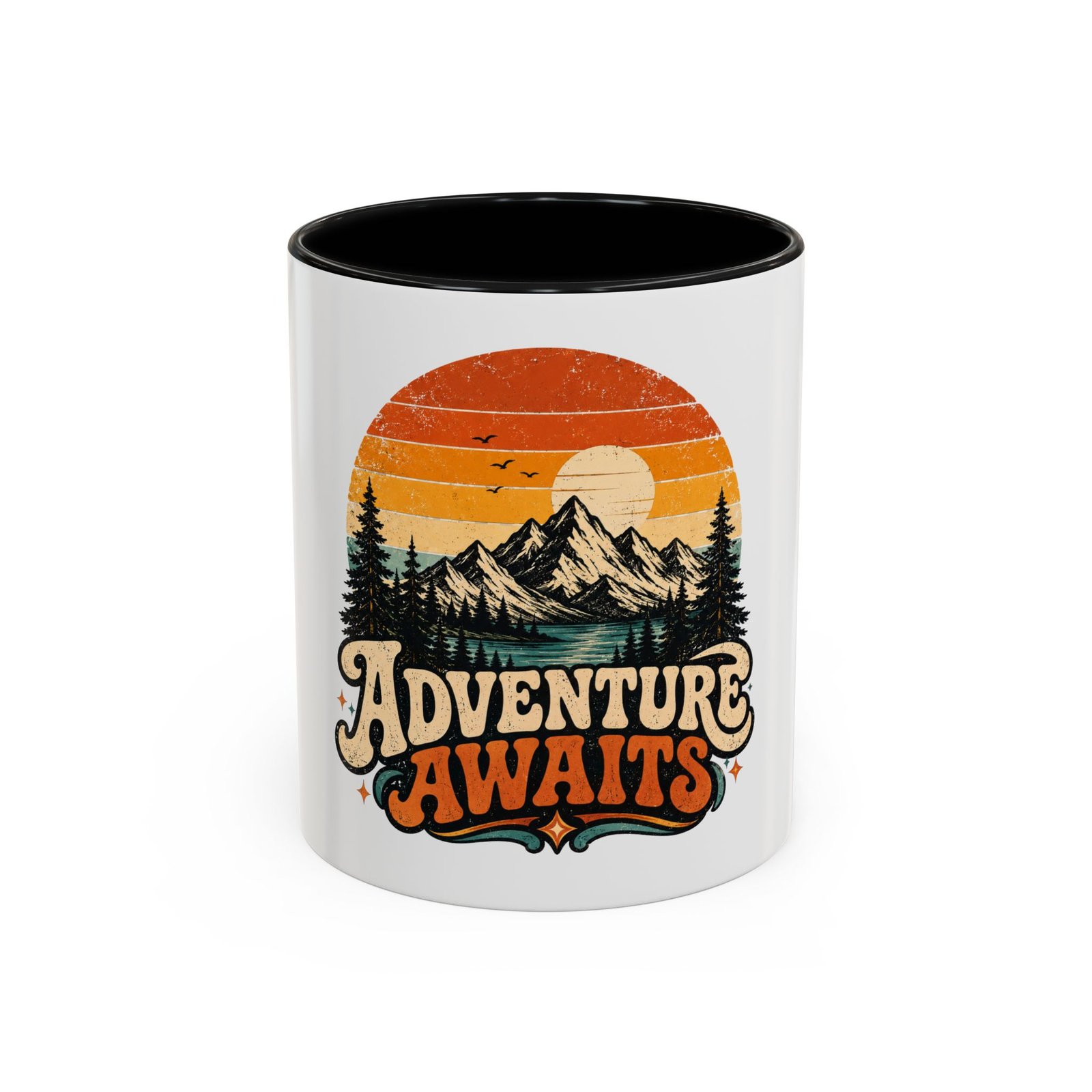 Adventure Awaits Coffee Mug — Retro Mountain Camping Design