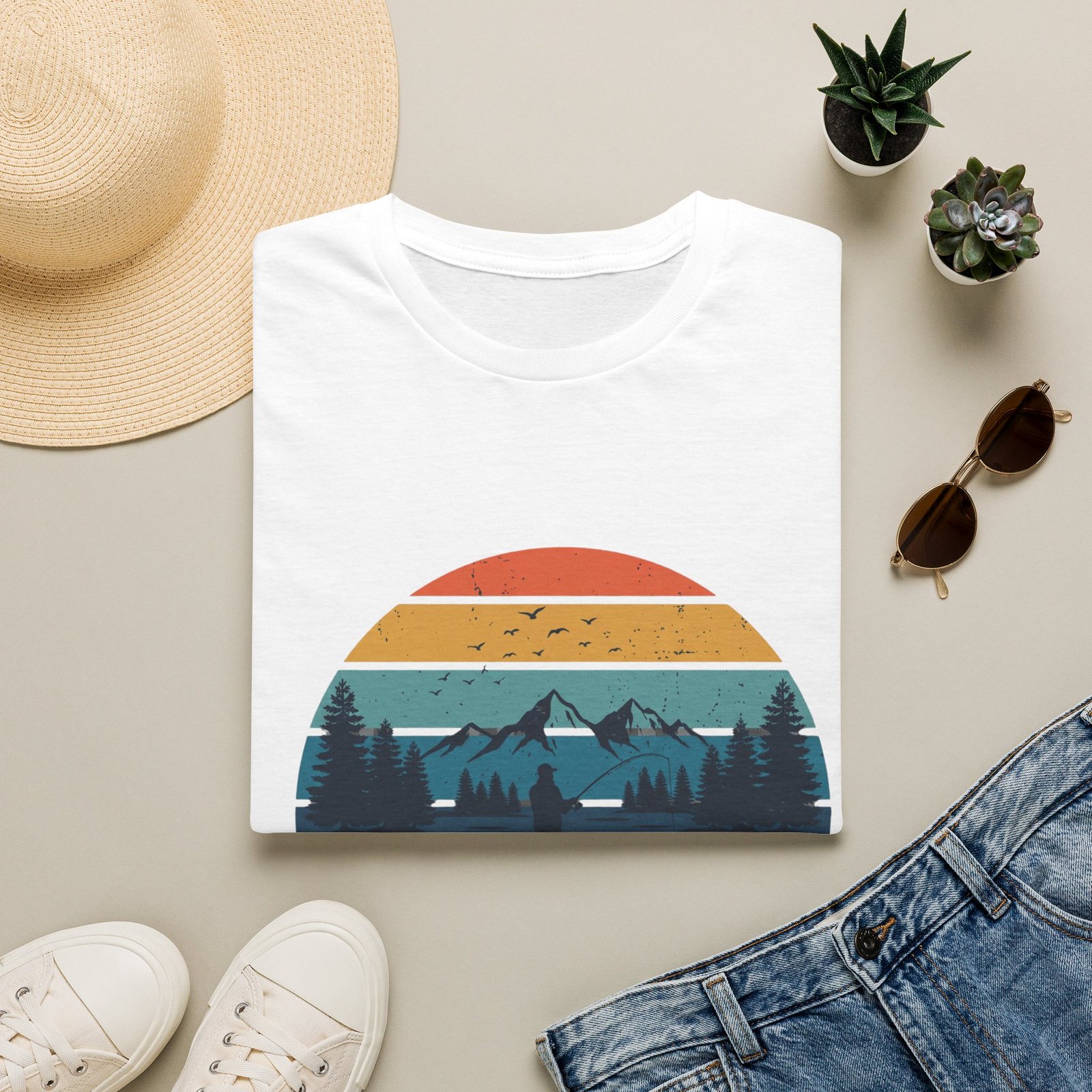 Gone Fishing T-Shirt — Retro Sunset Mountain Fishing Tee - Image 3