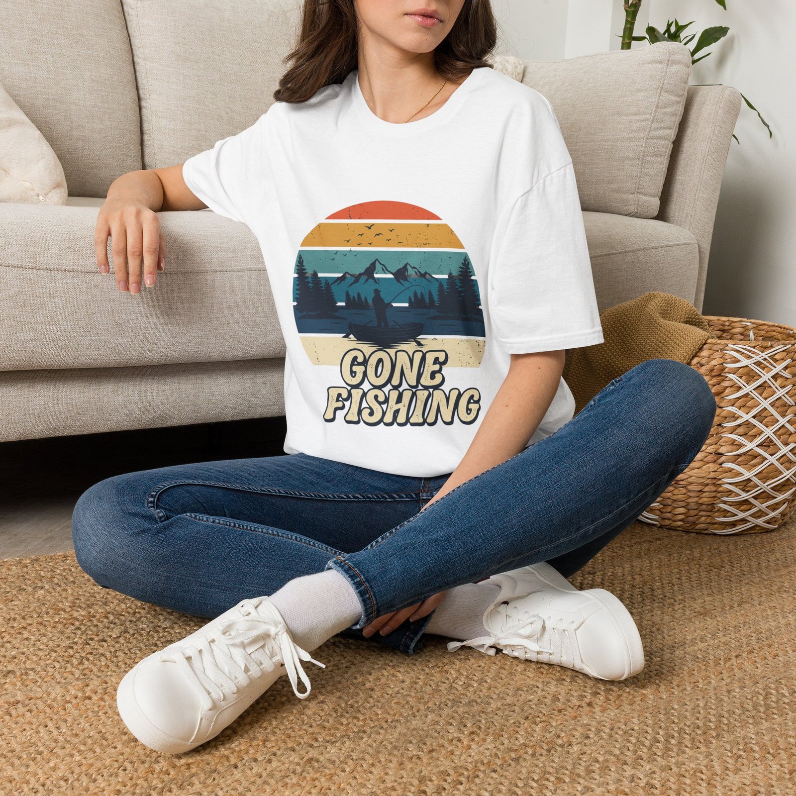 Gone Fishing T-Shirt — Retro Sunset Mountain Fishing Tee
